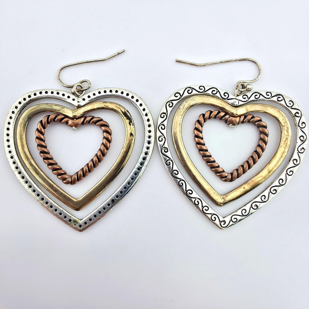 BRIGHTON Concentric Heart Earrings Scrollwork Twisted Rope Gold & Silver Plate